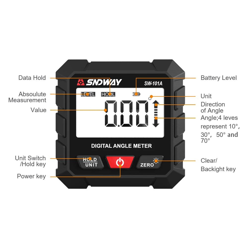 SW-101A Digital Display Inclination Box Precision Measurement 4x90° Angle Slope Protractor Inclinometer Angle Meter SW-101A Digital Display Inclination Box Precision Measurement 4x90° Angle Slope Protractor Inclinometer Angle Meter